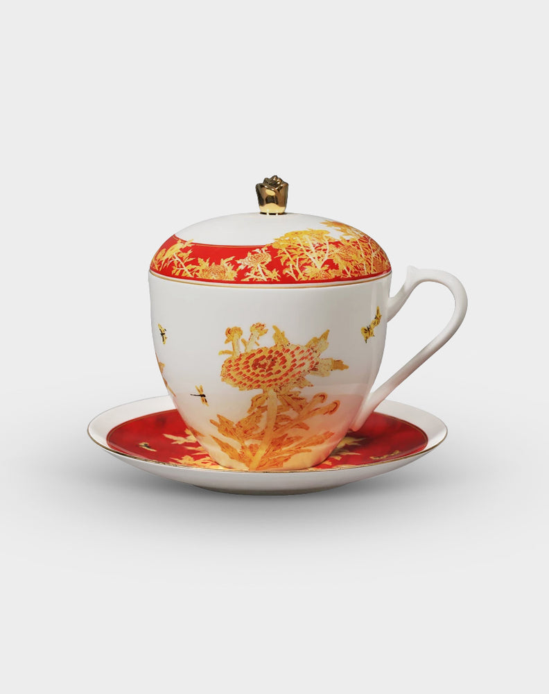 Chrysanthemum Bone China Coffee Cup Set with Lid