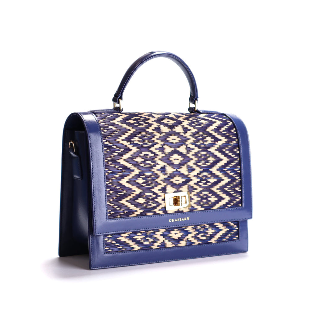 Blue Water Sedge and Leather Wicker Handbag with Hearts