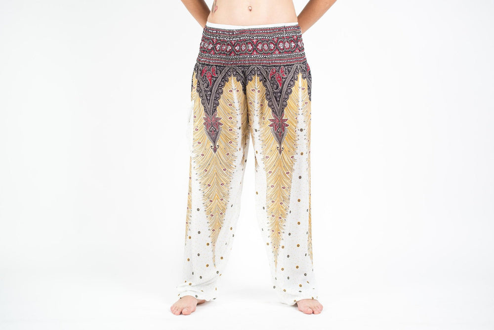 White Women's Yoga Pants with Peacock Feather Design