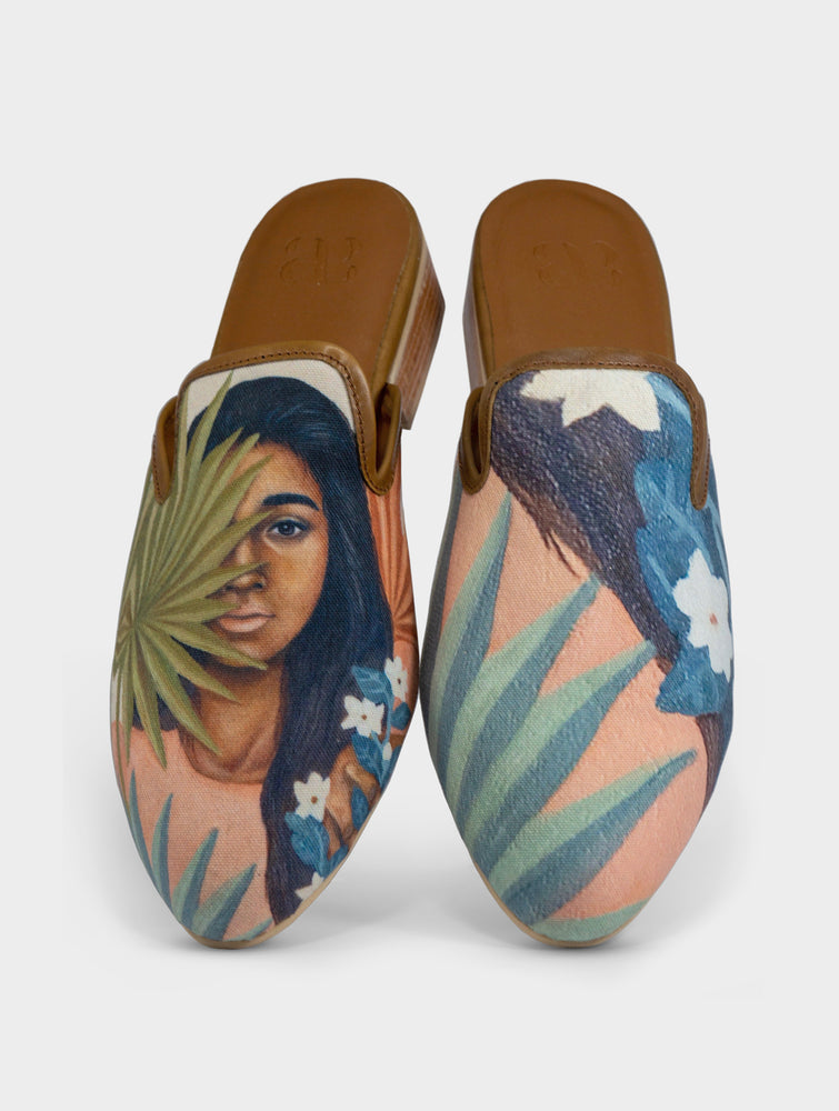 Morena Handmade Canvas Leather Slip On Mule Shoes