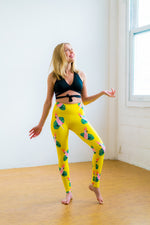 Yellow High Waisted Yoga Pants with Parrots Pattern