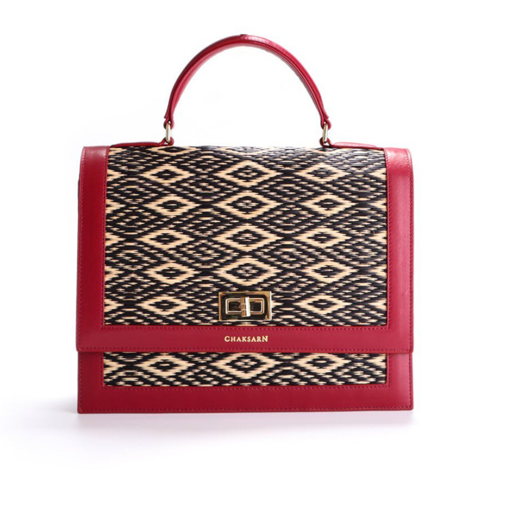 Red Water Sedge and Leather Wicker Handbag with Black Dimonds
