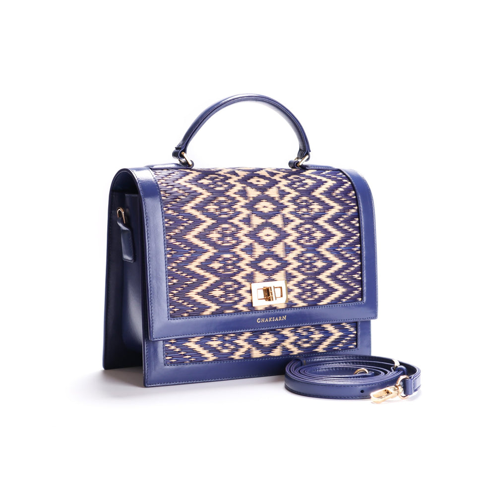 Blue Water Sedge and Leather Wicker Handbag with Hearts