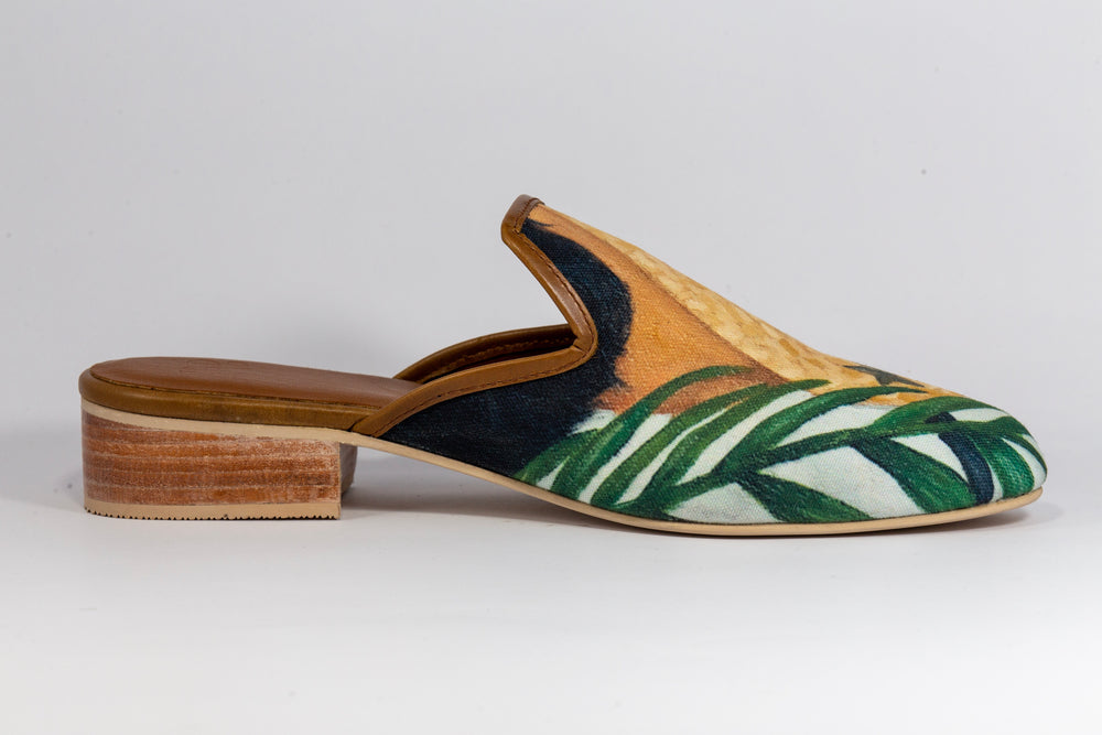 Taray Handmade Canvas Leather Slip On Mule Shoes