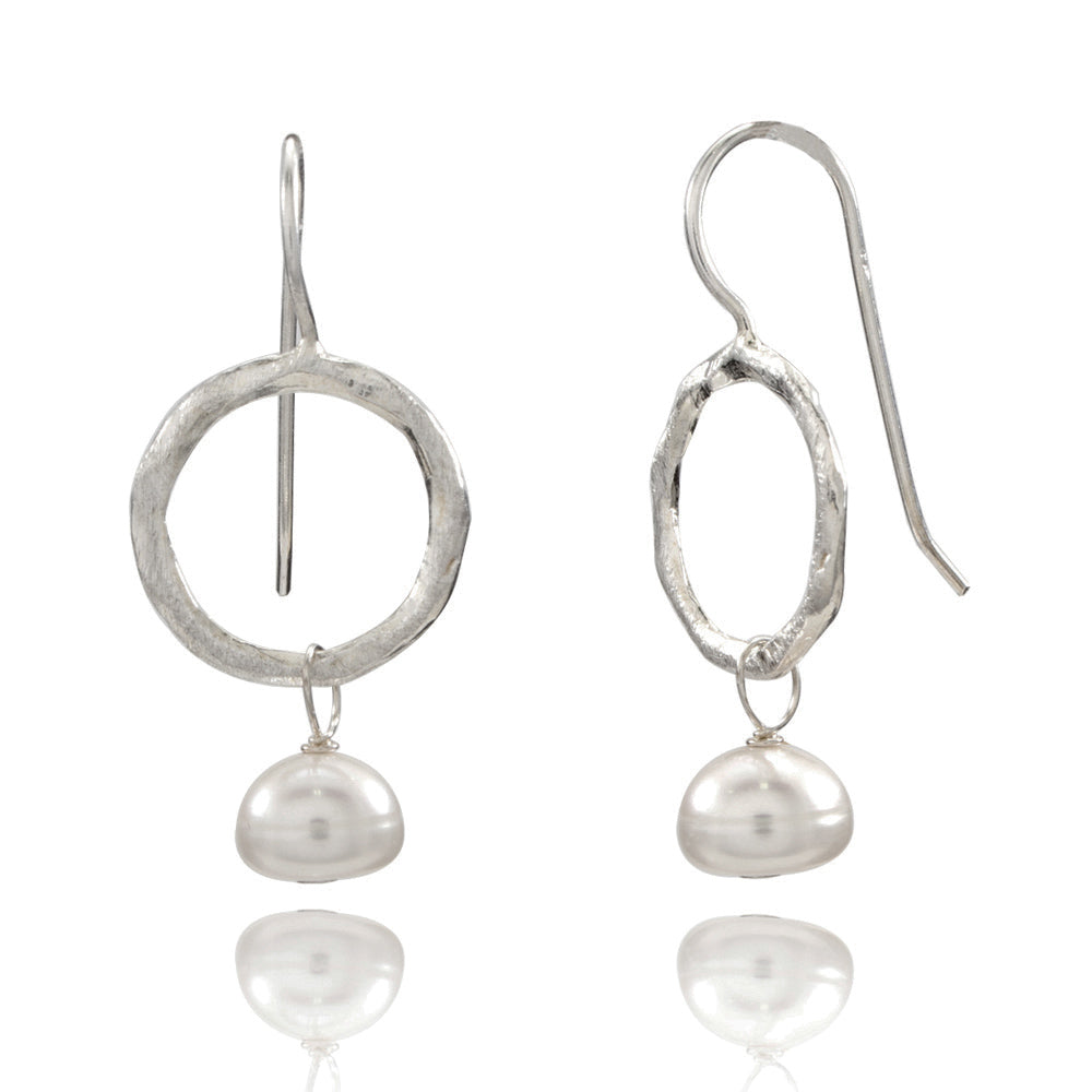 Single Hoop Silver Earrings with Freshwater Pearl