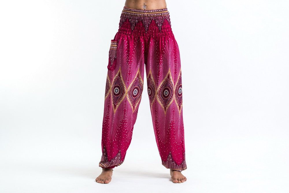 Red Yoga Pants with Diamond Peacock Design