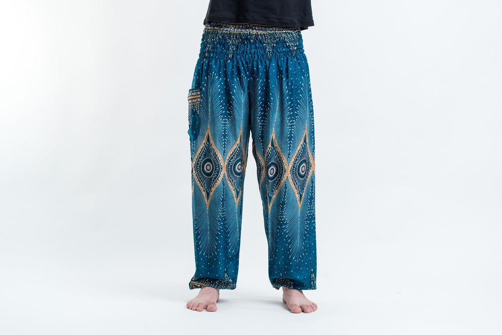 Turquoise Yoga Pants with Diamond Peacock Design