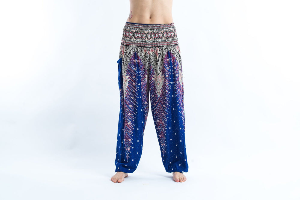 Blue Women's Yoga Pants with Peacock Feather Design