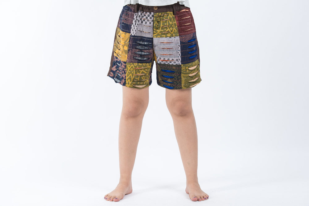 Women's Ripped Patchwork Brown Cotton Shorts