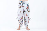 White Cotton Harem Yoga Pants with Pink Butterflies