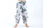 White Cotton Harem Yoga Pants with Turquoise Butterflies