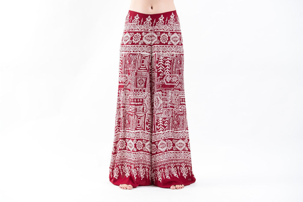 Women's Red Palazzo Harem Pants with Tribal Design