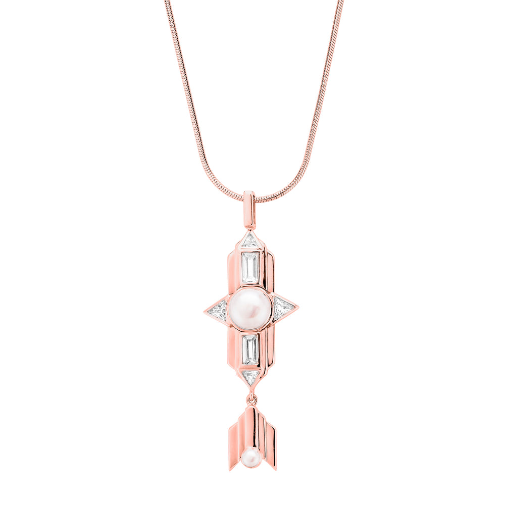 Babylon Rose Gold Plated Long Silver Necklace with Pearl