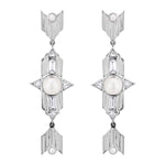 White Gold Plated Long Silver Earrings with Pearl