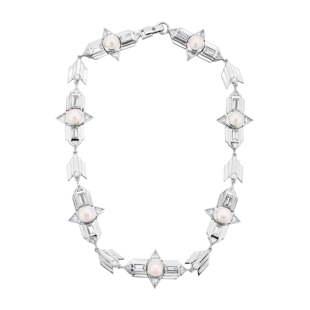White Gold Plated Silver Choker Necklace with Pearls