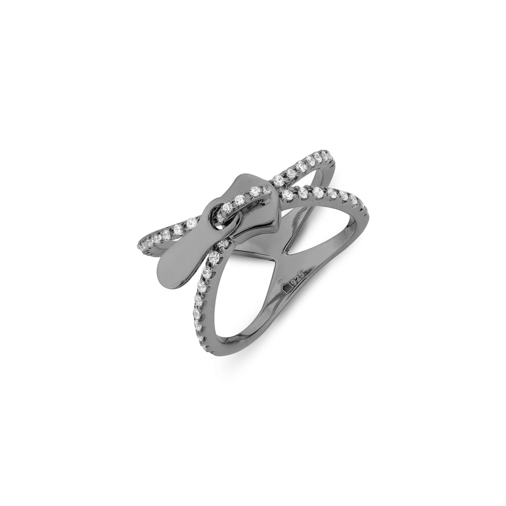 X Zip Black Rhodium Plated Silver Ring with Cubic Zirconia
