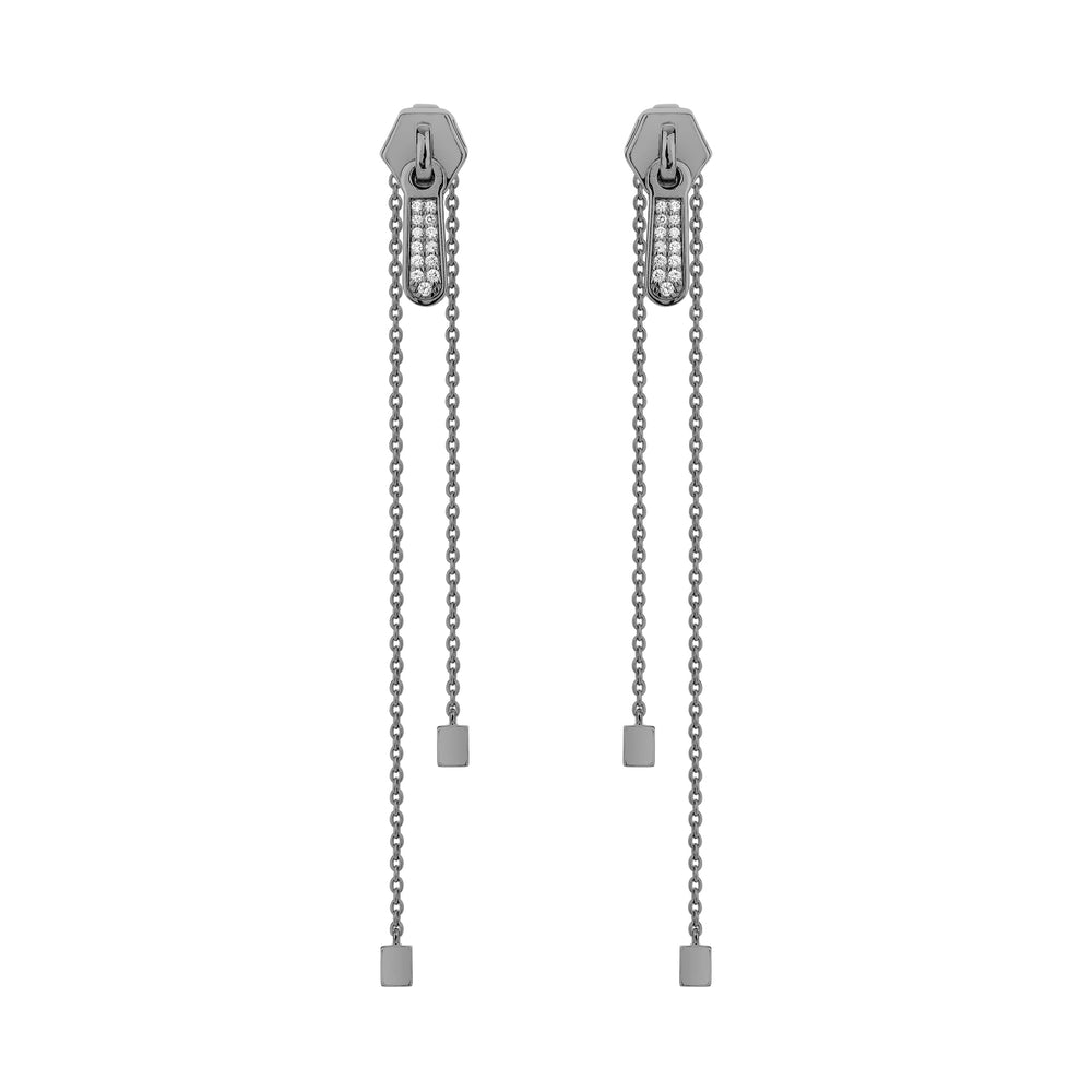 Zip Black Rhodium Plated Long Silver Earrings with Zirconia