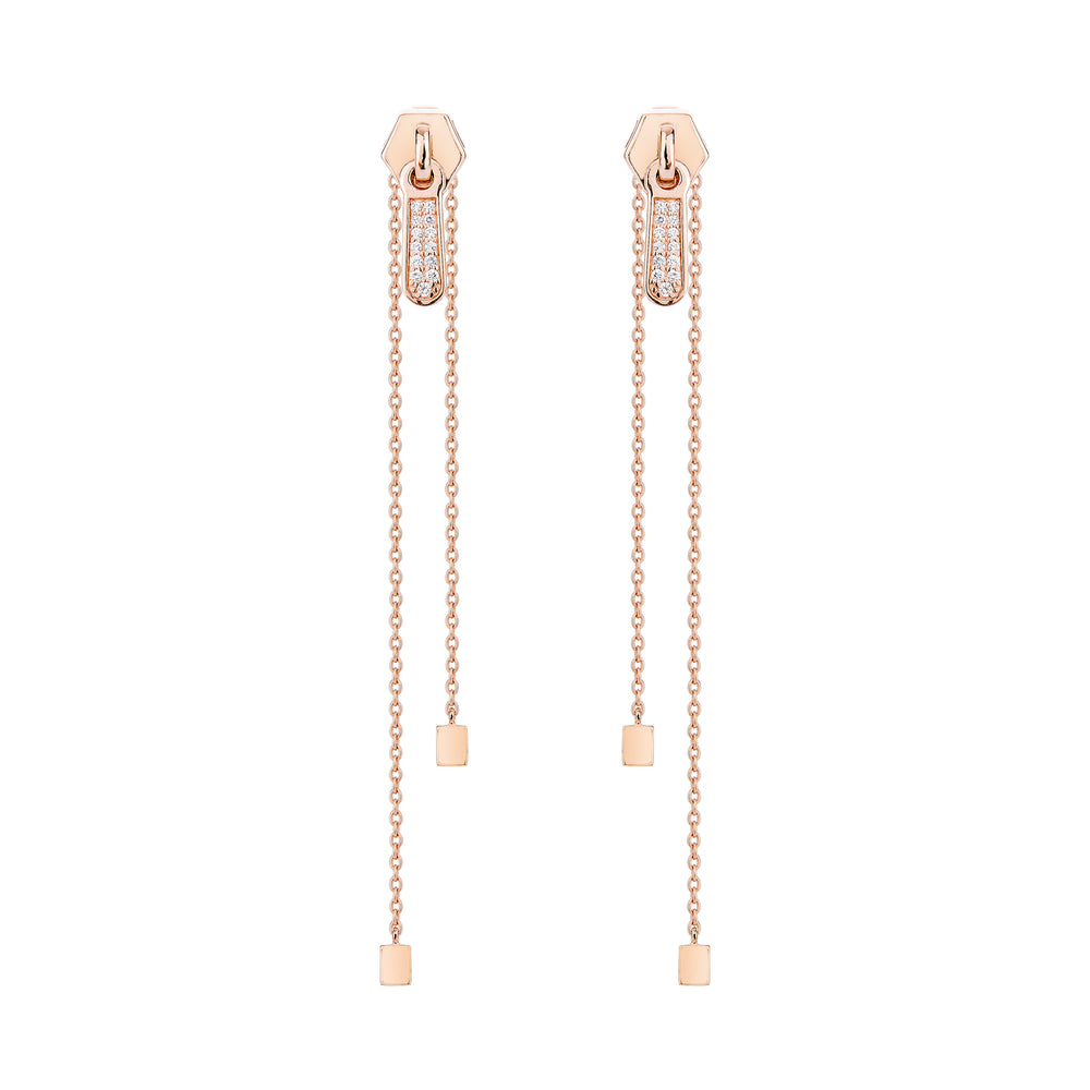 Zip Rose Gold Plated Long Silver Earrings with Zirconia