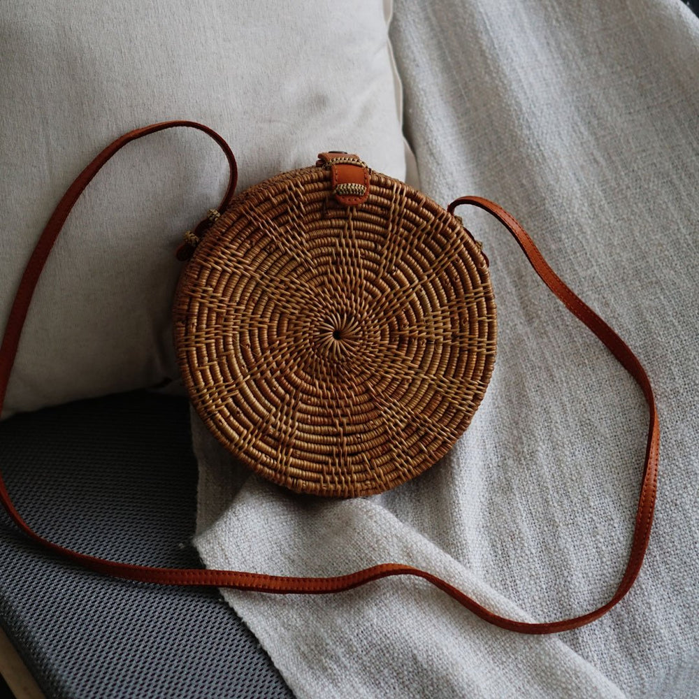 Brown Handmade Flower Bali Button Closure Rattan Crossbody Bag