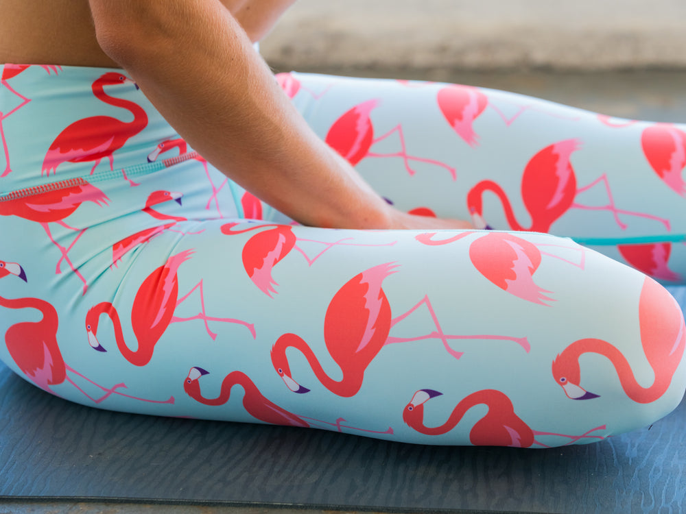 Blue High Waisted Yoga Pants with Flamingo Pattern