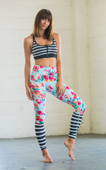 High Waisted Yoga Pants with Floral Pattern and Stripes