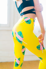 Yellow High Waisted Yoga Pants with Parrots Pattern