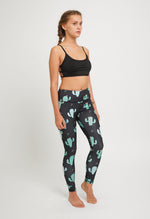 Black High Waisted Yoga Pants with Cactus Pattern