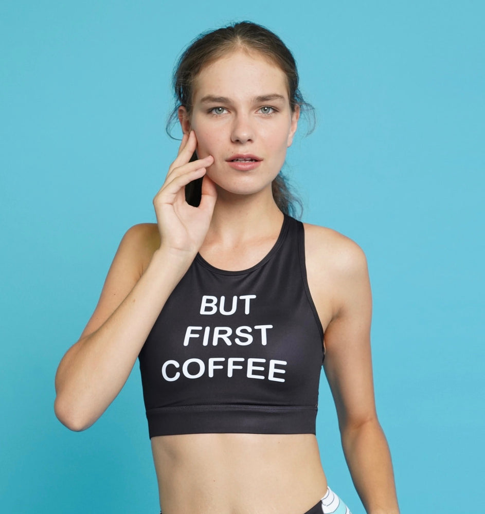 Flexi Lexi Fitness But First Coffee Sleeveless Yoga Crop Top with Removable Pads